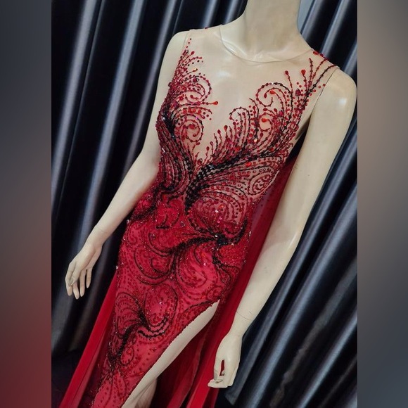 GL Garlate Red Beaded Pageant Gown Illusion Slit Cape Train Formal Dress - Picture 7 of 11